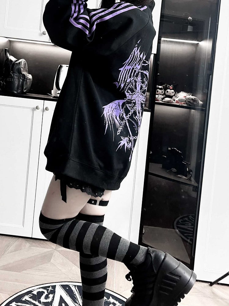 Jacket Print Gothic Jirai Cross Purple Long-Sleeve Kei Black