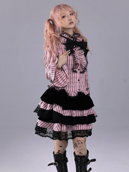 Black & Pink Striped Tiered Skirt with Musical Note Lace Trim - Hime Gyaru Style