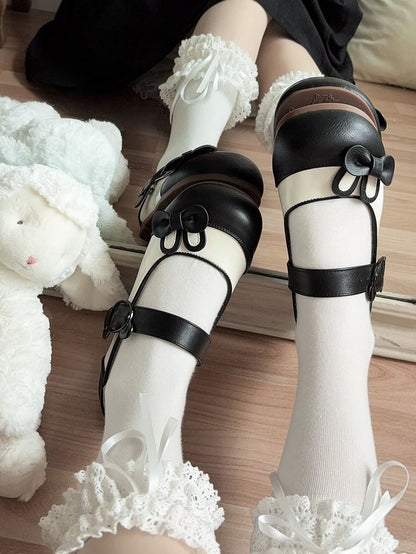 Ear Bowknot Decorated Black Bunny Flats Buckle Bear