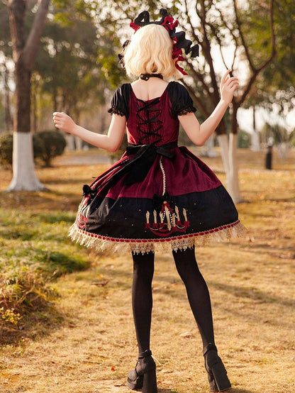 Polka Chandelier Lolita Red Suede Black Dot Sweet and Bows Dress Print with Wine
