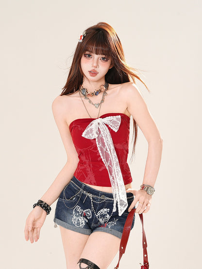 ストラップレストップ レッド/ブラック レース ボウフロント グラマラス