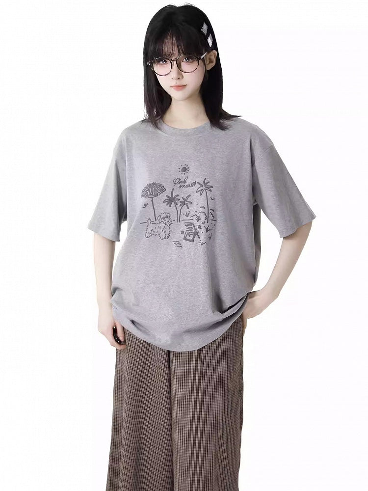 ルーズグラフィティTシャツ パピー ラウンドネック グレー/ピンク/ライトパープル