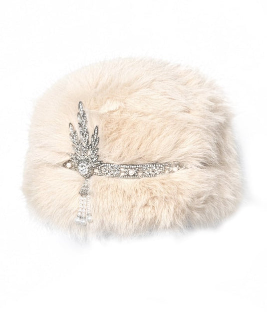 Hat and Slavic Fluffy Embellishments Light Brown Fur with Pearl Rhinestone