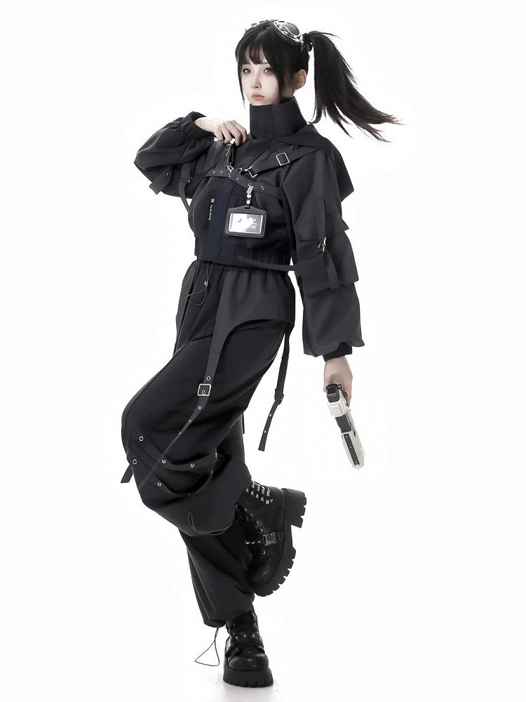 Black Buckle Straps Elastic Waist Cargo Pants