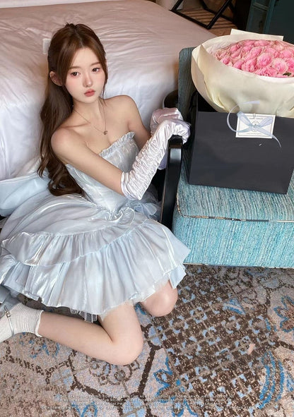 Balletcore Strapless Princess Puff Dress Sleeves Blue