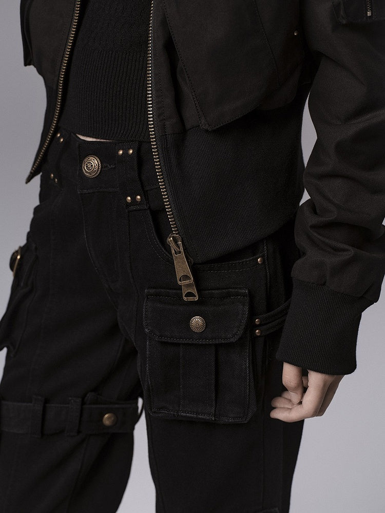 Pants - Vintage Silhouette Cargo Flare Pocket Detachable Black