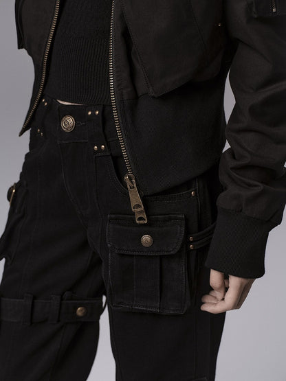 Pants - Vintage Silhouette Cargo Flare Pocket Detachable Black