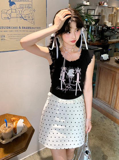 トップタンク ブラック キャンドルスティックプリント レーストリム ビタースウィート