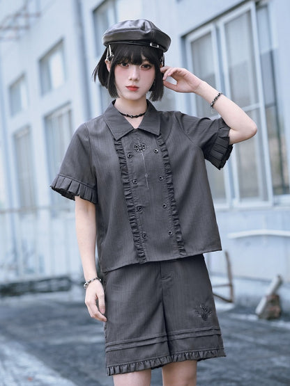 Gray Apple Embroidered Shorts with Ruffle Trim - Quirky Hut