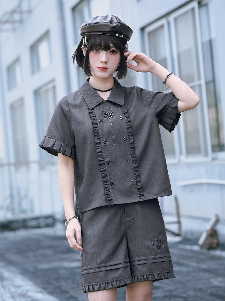 Gray Double-Breasted Short Sleeve Top with Embroidery & Ruffles - Quirky Hut
