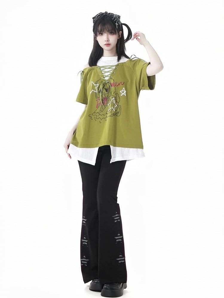 グラフィックTシャツ ネックライン フェイクツーピース グリーン/ブラック カットアウトショルダー レースアップ