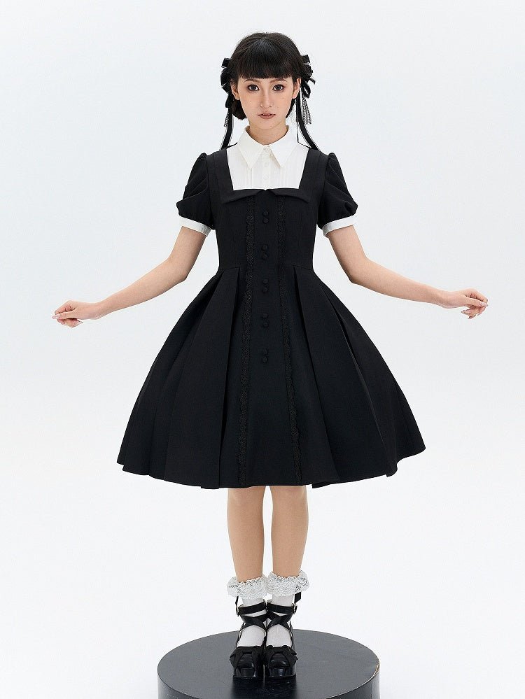 Two-pieces OP Lolita Black Dress Sleeves Design White Short Fake