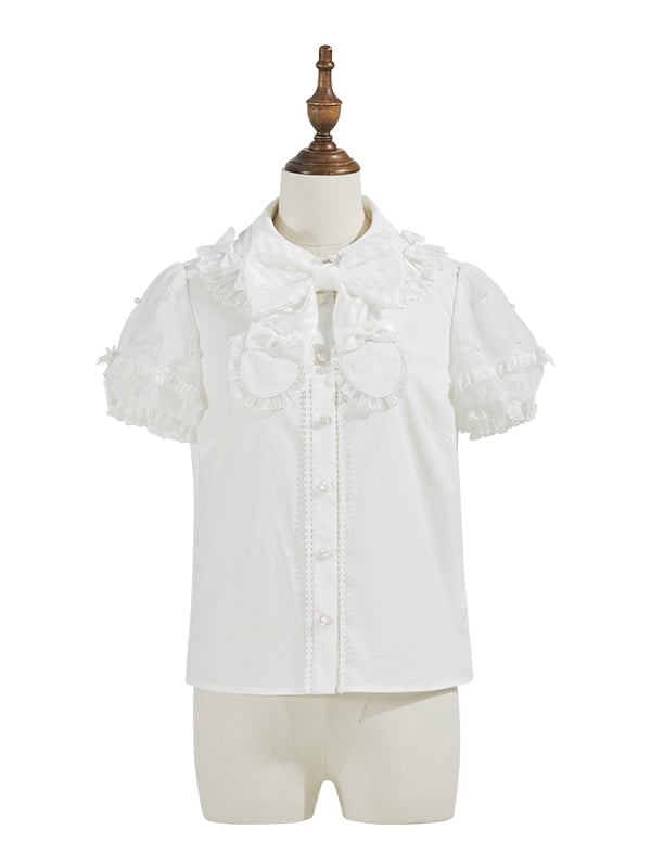 ホワイトの取り外し可能な蝶結びネックラインのビーズ付きショートパフスリーブブラウス