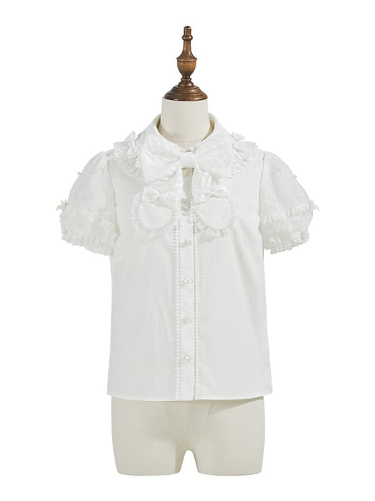 ホワイトの取り外し可能な蝶結びネックラインのビーズ付きショートパフスリーブブラウス