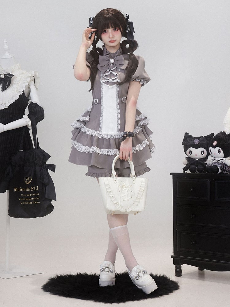 Dress Draped Sleeve Gothic Set: Kei Side Coord with Gray Jirai Puffy Train