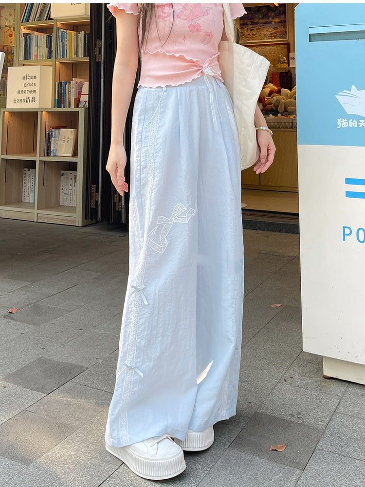 Version Regular/Short Blue Wide-Leg Pants Bowknot Embroidery High Waist