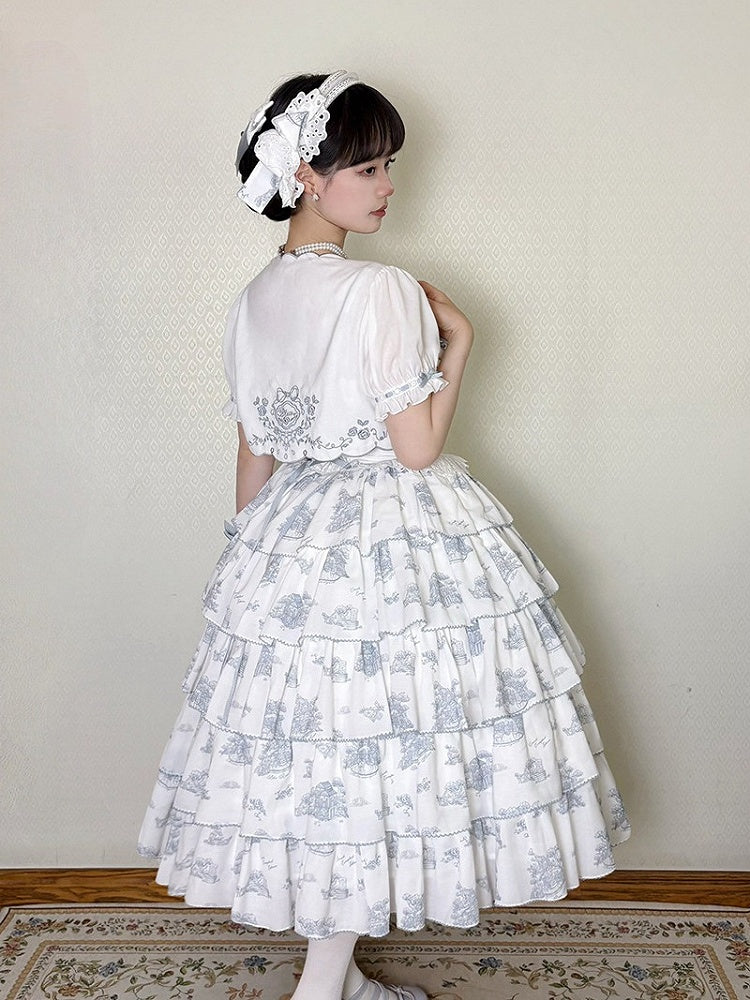 Blue & White Floral Print Lolita JSK with Bow Embellishments - CEL