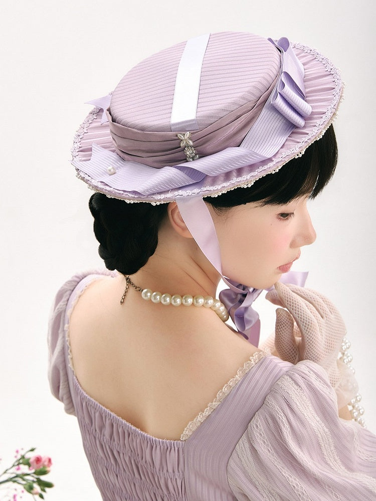 Purple/Champagne Lolita Mini Hat Featuring Bow Accents - KOMOMO