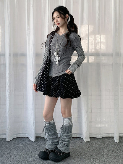 Top Print Y2K Cat Gray Bunny Patchwork Hooded Striped with Two-piece
