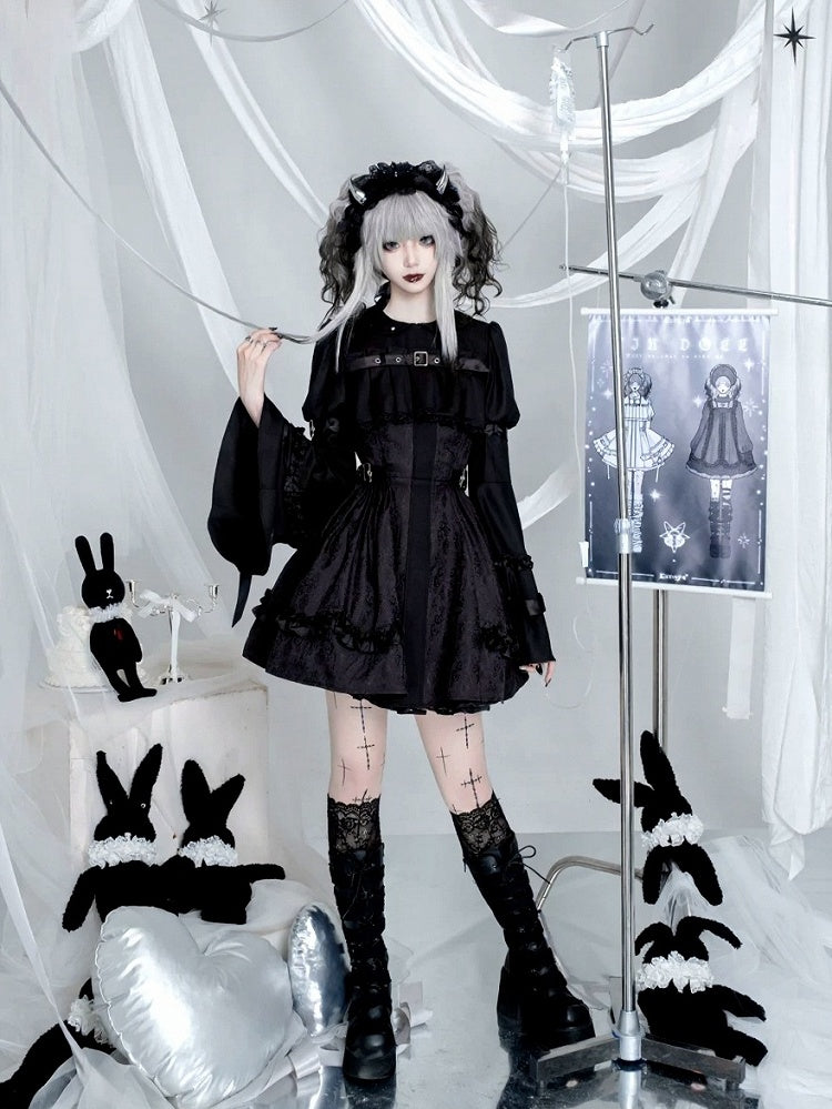 Black Gothic Lolita Bell Sleeve Dress with Lace and Metal Buckle Accents - Kuroya