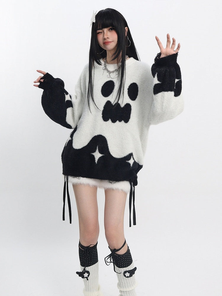 Oversized Ghost-Inspired Sweater in White & Black - Catwish
