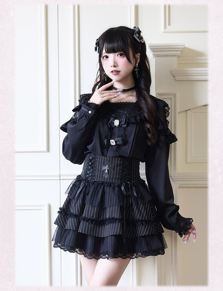 Black Rhinestones Bowknots Blouse Jirai Kei Sailor Collar Ruffled Lace Trim