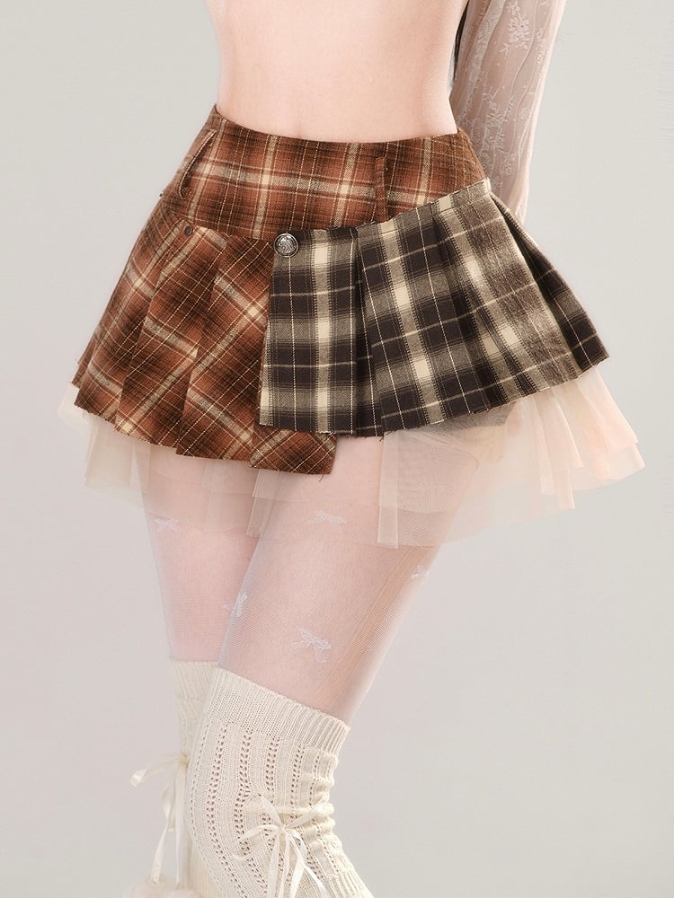 パッチワークデザイン ミニプリーツスカート メッシュ ブラウン チェック柄