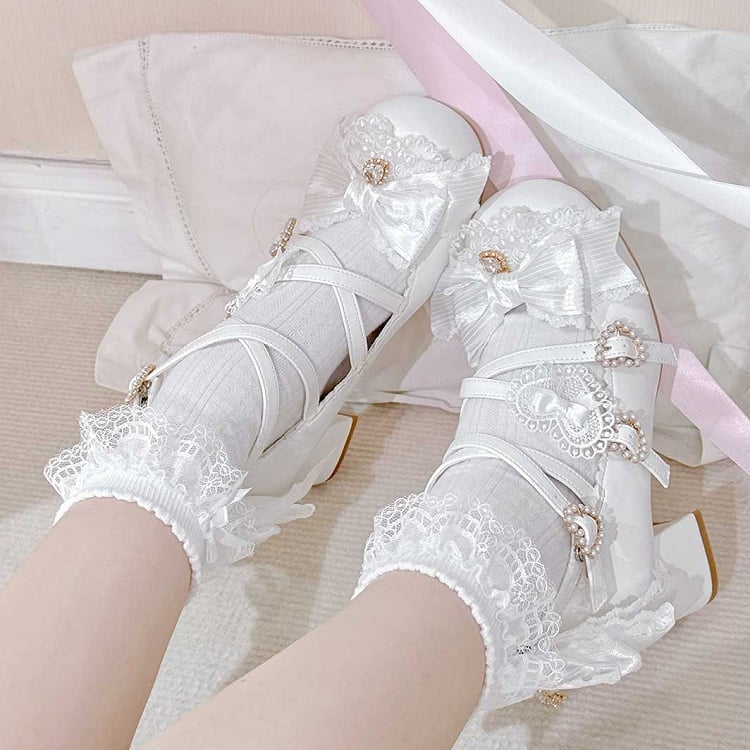 Lolita Crisscross Schnalle Heels 5CM Bowknot Design Details Herz Schuhe Block Weiß Straps Süße