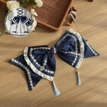 Blue Tassel Train White with Decorations Bow Dark