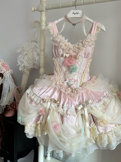 Pink Floral Fairy Boned Corset Waist Hanayome Princess Lolita Dress