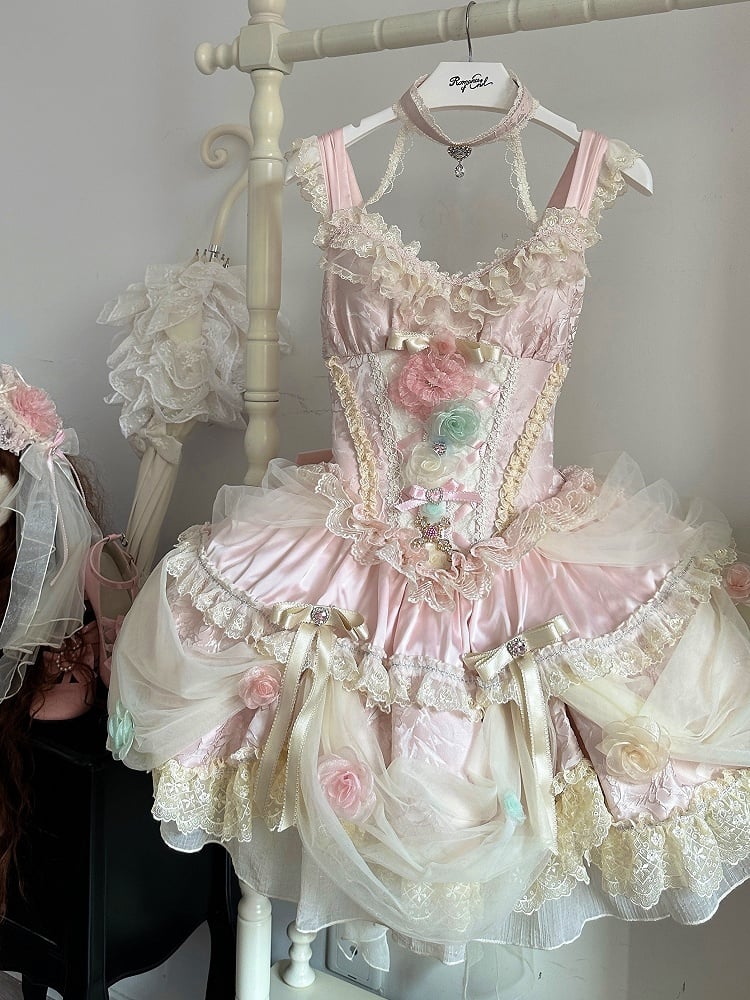 Entbeint Vollkorsett Hanayome Rosa Kleid JSK Floral Taille Prinzessin Lolita Set Fee