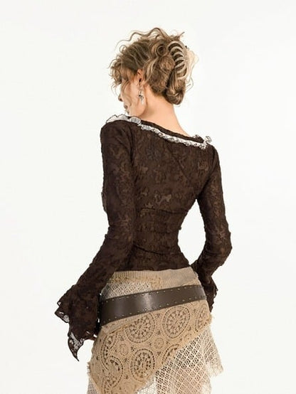 Brown V-Neck Long Sleeve Lace Pattern Blouse with Strap Accent