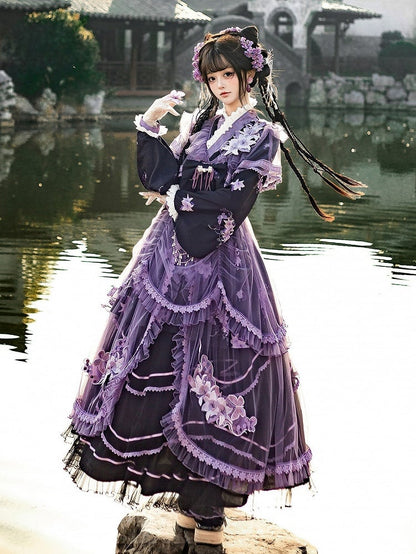 Floral Crossover Dress Neck Black Overdress Purple + Lolita Skirt Han Print Tulle