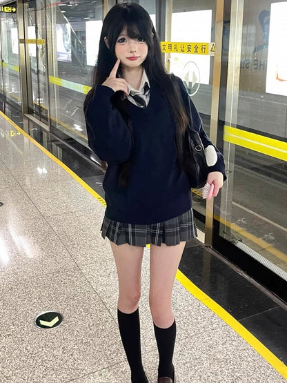 Blue/Black/Gray/White V-neck Embroidery Sweater Letter