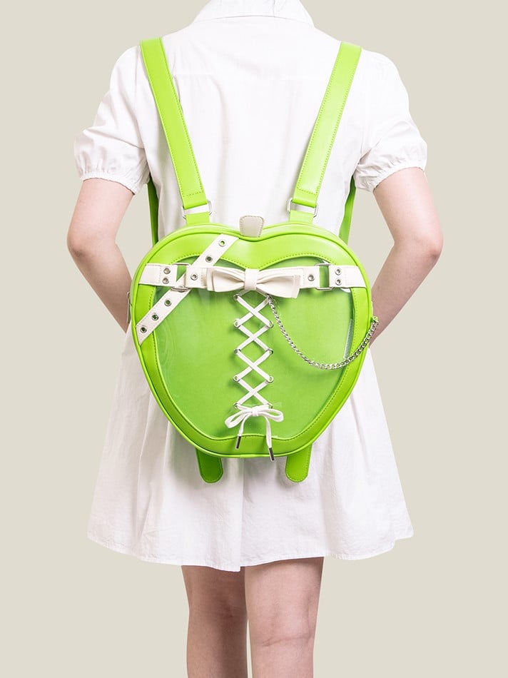 Belt And Bow Accents Chic Green Apple-Shaped Ita Backpack With White