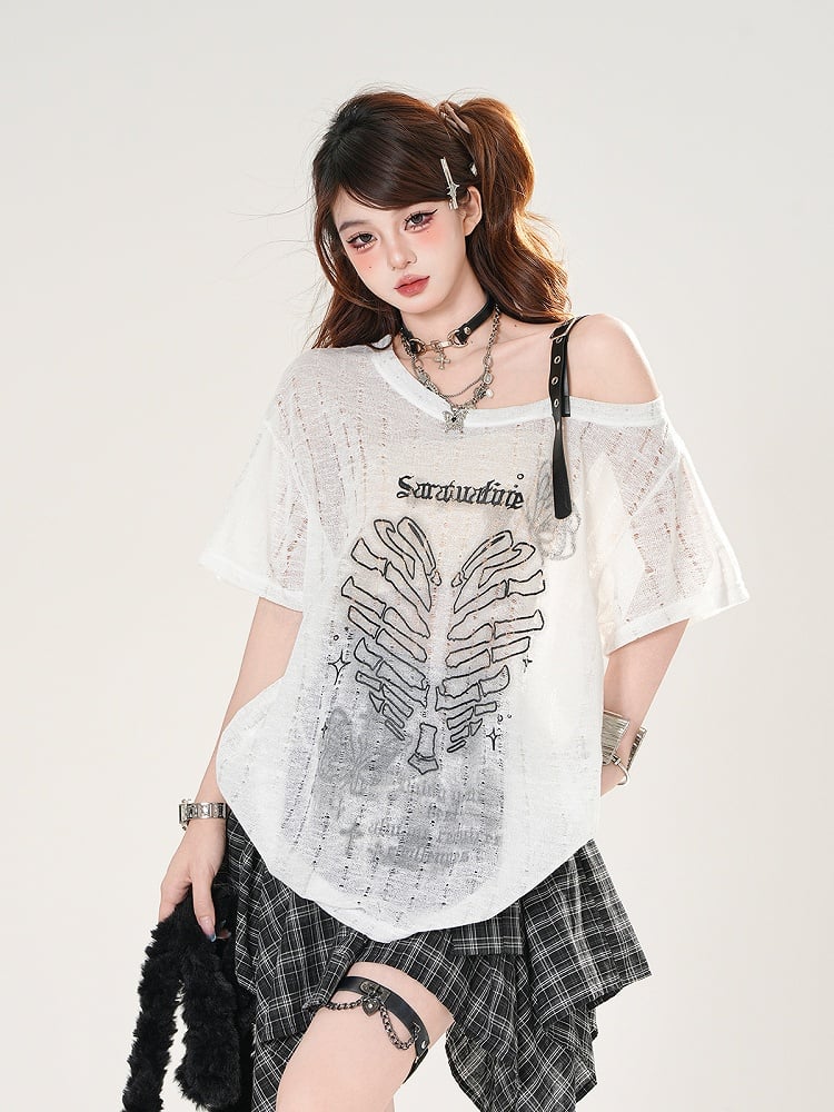 Heart Print Holes Asymmetrical Neckline Distressed