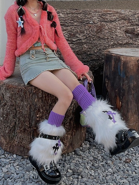 White Cross Decoration Faux Fur Leg Warmers + Purple Knitted Leg Warmers + Black Garter