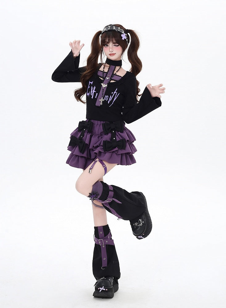 Gothic All-in-one Design Choker Top and Black/Purple Bell Sleeves Cross