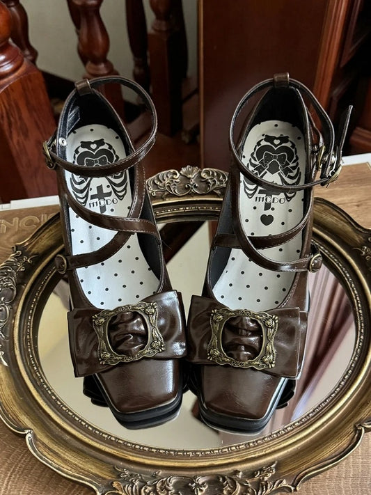 Zehenbild Heels Mitte Crisscross bei Square Frame - Riemen Design Schleife Schnalle Elegantes Top Braun Lolita