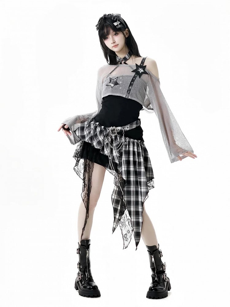 Coverup Schwarz/Grau Stern Distressed Löcher Punk Rock Strap Hohl-Out Cropped