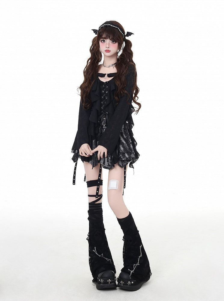 アシンメトリーなフリルプラケットヘムシフォントップス ピンク レースアップ ブラック/ライト