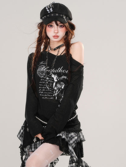 Schwarz/Weiß Asymmetrischer Ausschnitt Seitenschlitz Grafik Top Spitzensaum