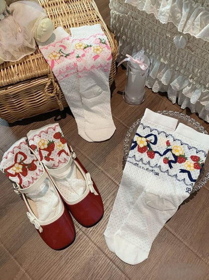 Socks Floral Blue Calf Bow Strawberry Pink/Red/Dark Pattern