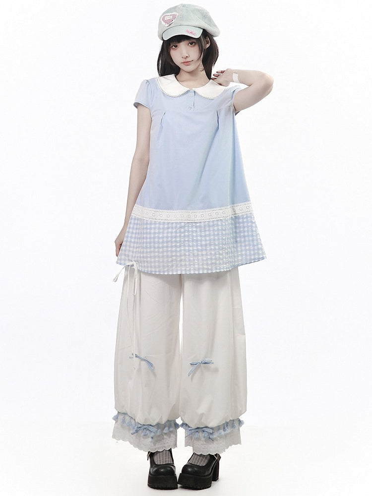 White Wide-Leg Balloon Pants with Bow and Tassels - PINK SAVIOR