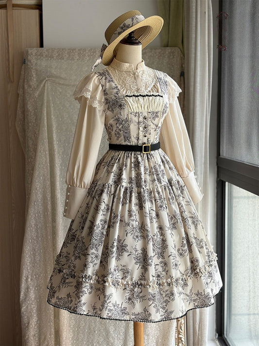 Beige & Black Rosette Print Elegant Classic Lolita JSK Dress with Lace Trim