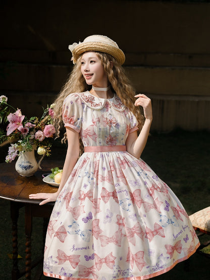 Pink Bowknot Peter Pan Collar Lolita Dress Bows and Butterfly Print One Piece