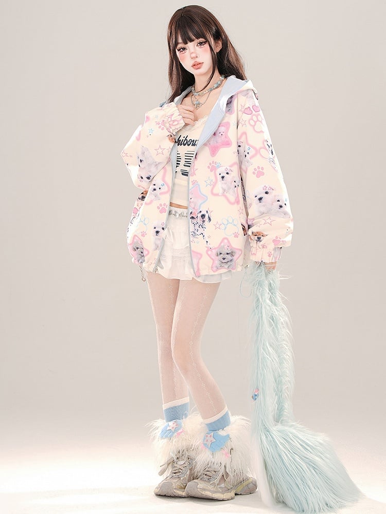 Blue Cute Puppies Pattern Reversible Zip Hoodie