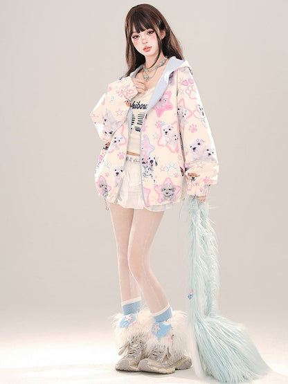 Blue Cute Puppies Pattern Reversible Zip Hoodie