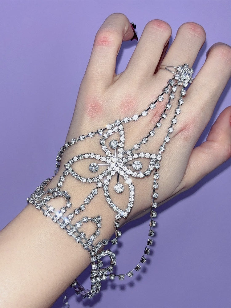 Floral Design Bracelet Silver Rhinestone Y2K