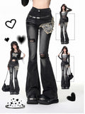 Black Butterfly Applique Fishtail Jeans with Distressed Holes - Kelly Kitty